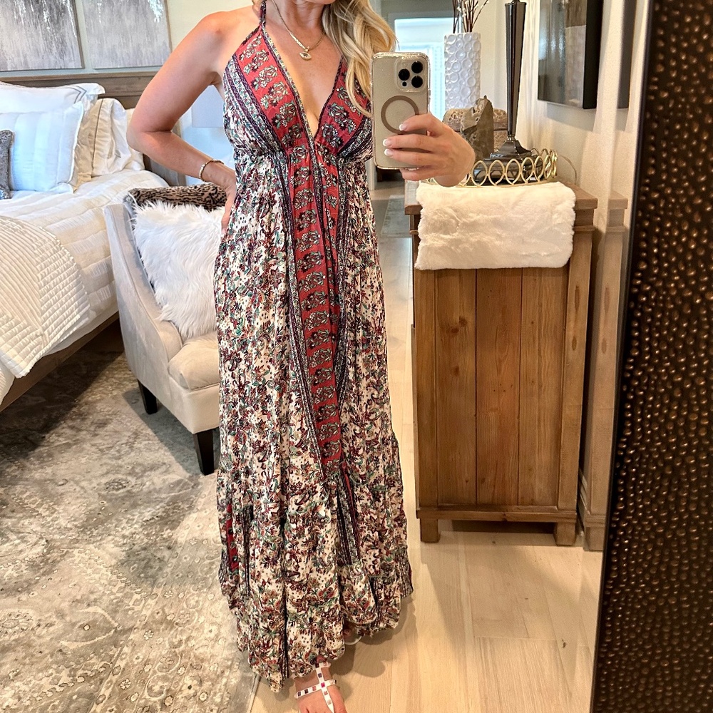 Bohemian Rhapsody Maxi Dress - Burgundy, Off-White, Gold Metallic
